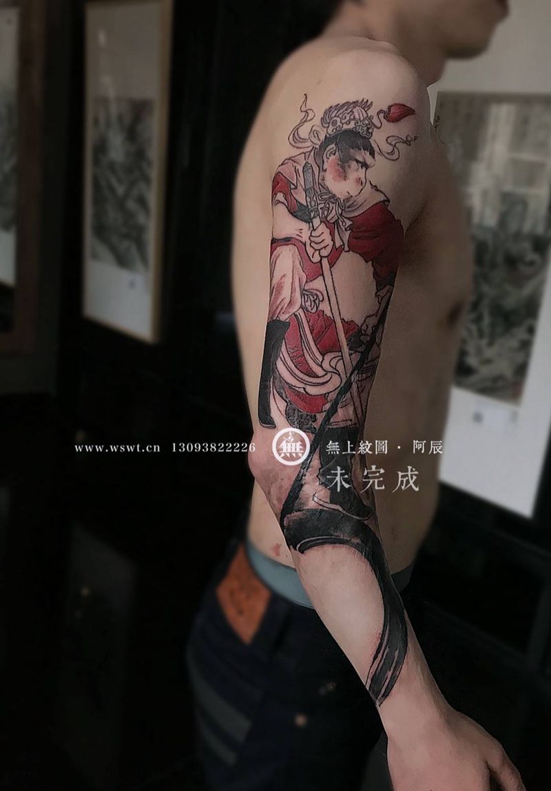 孙悟空花臂纹身图片_成品手臂传统肖像清新字符宗教鬼神无上纹图水墨纹身图案