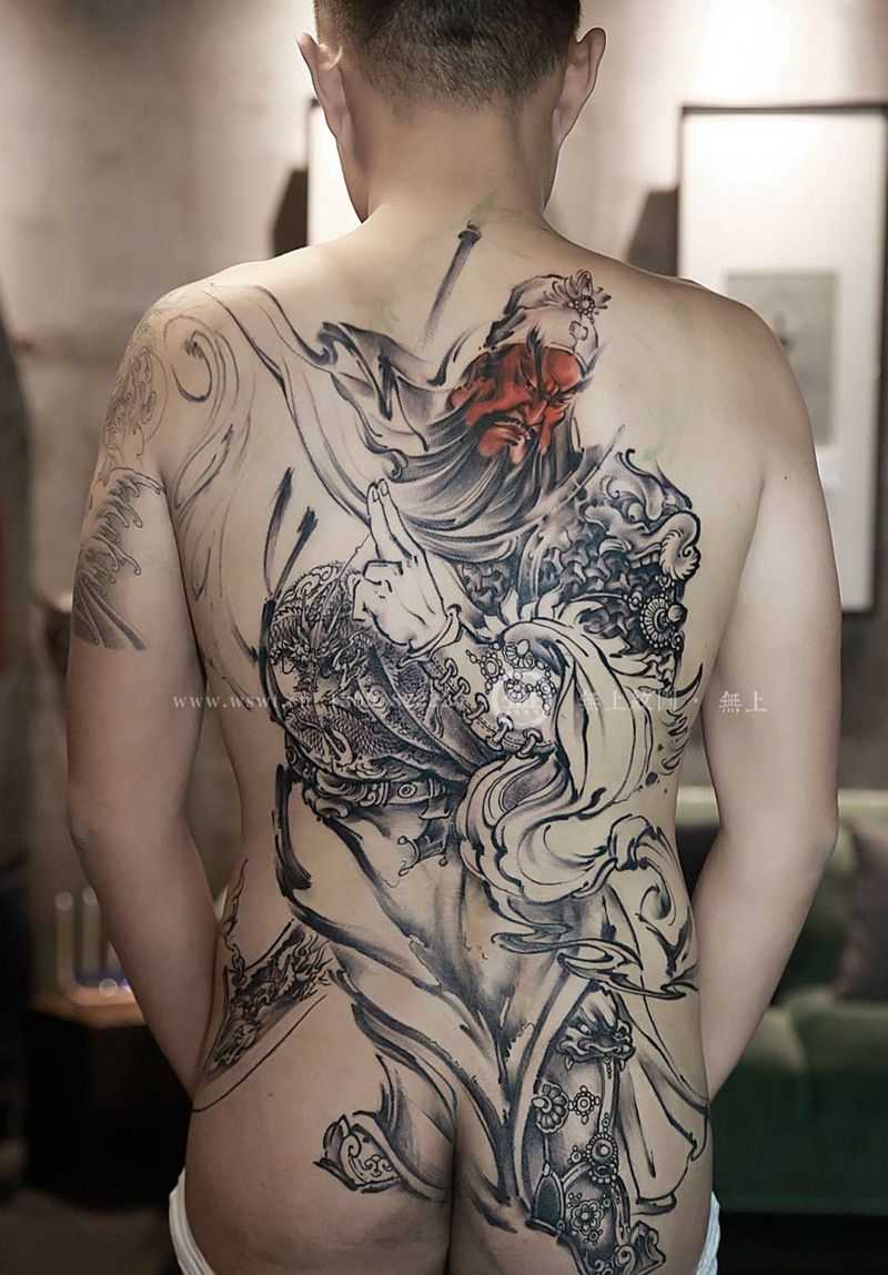 满背关公未完成作品纹身图片_背部传统人物原创无上纹图招生纹身图案