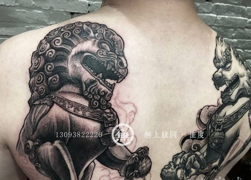 唐狮未完成纹身图片_成品背部传统肖像动物图腾无上纹图招生纹身图案