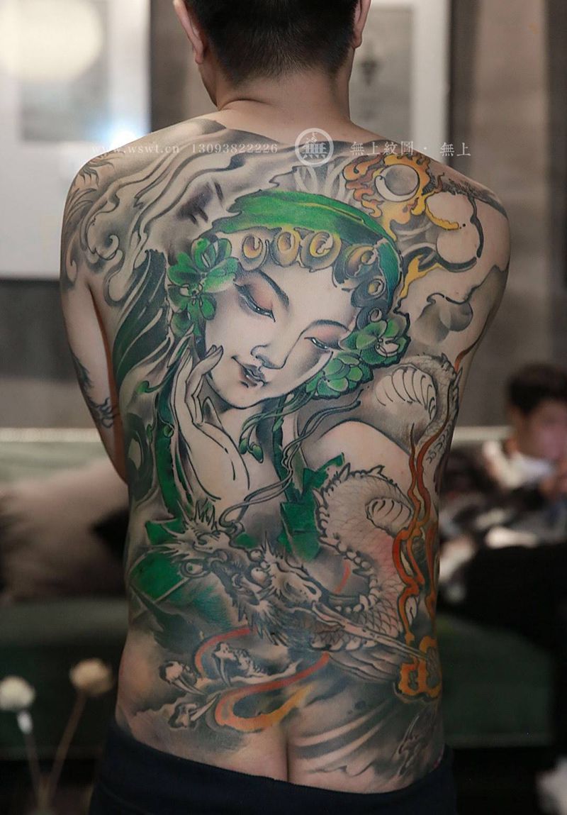 花旦，龙吟纹身图片_成品背部传统肖像人物原创鬼神无上纹图招生纹身图案