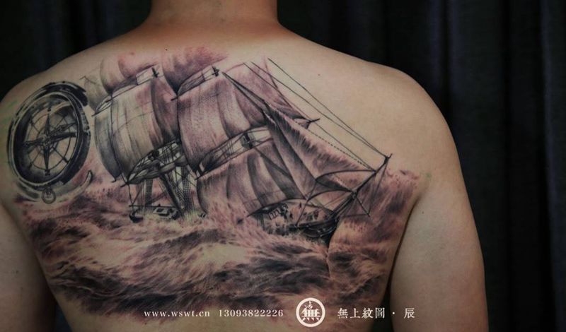 帆船纹身图片_成品背部欧美人物无上纹图招生培训纹身图案