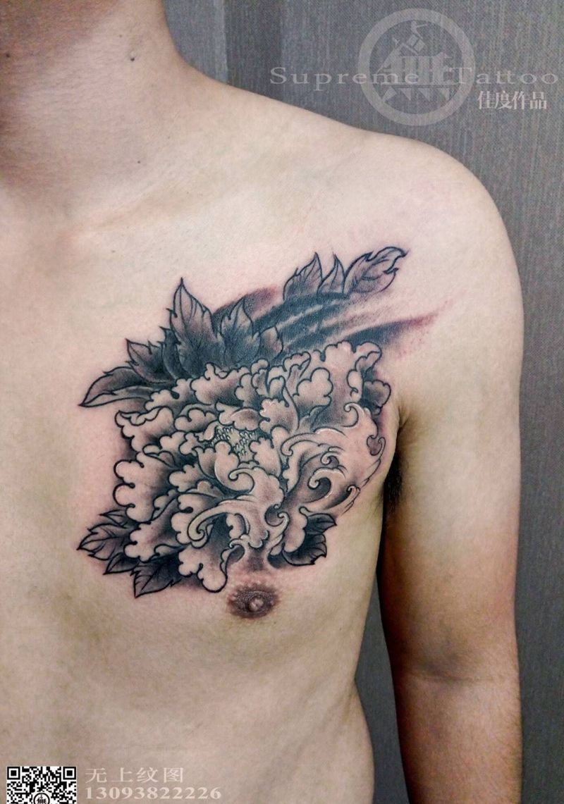 驻店师作品纹身图片_成品胸部欧美传统清新植物纹身图案