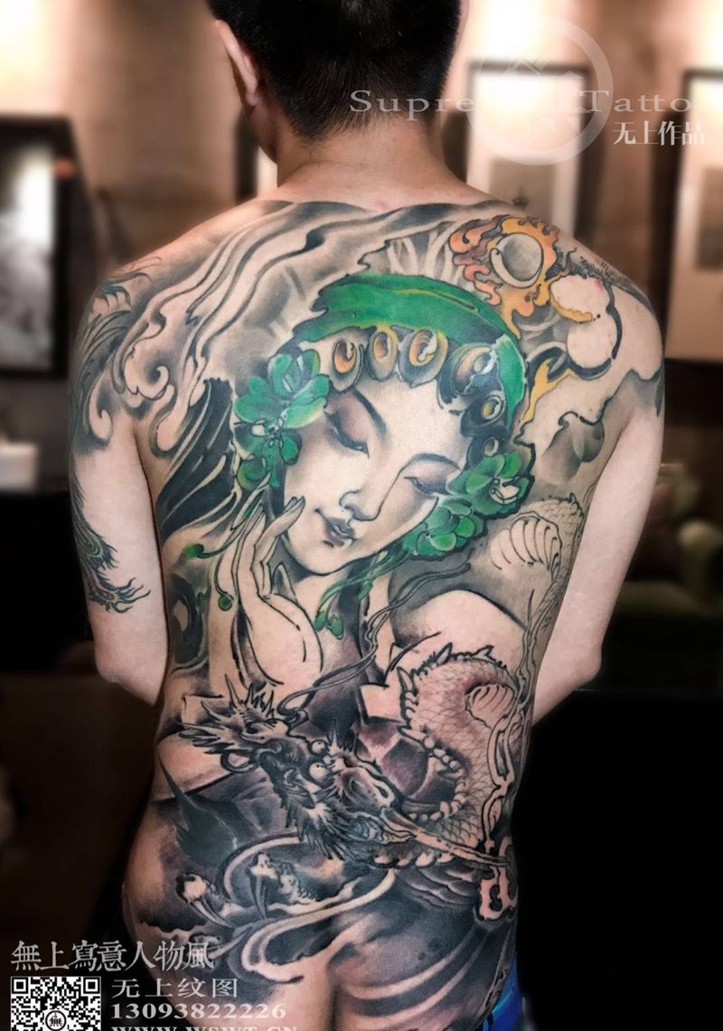 花旦·龙吟 完成纹身图片_成品背部传统肖像清新动物人物鬼神原创无上纹图纹身图案