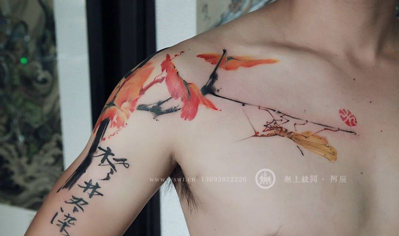 水墨枫叶纹身图片_成品手臂传统清新国画原创图腾无上纹图招生纹身图案