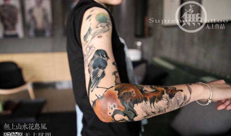 水墨花臂成品图纹身图片_成品手臂传统清新国画植物原创动物图腾无上纹图纹身图案