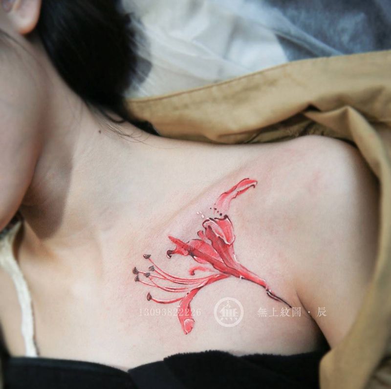 单株彼岸花纹身图片_成品胸部清新植物图腾无上纹图培训手稿招生纹身图案