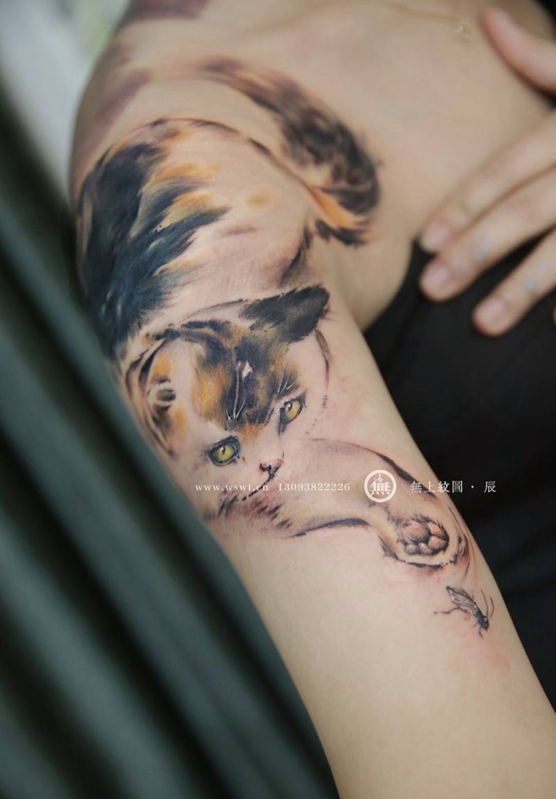 猫咪纹身图片_成品肩部欧美清新写实动物原创无上纹图培训纹身图案