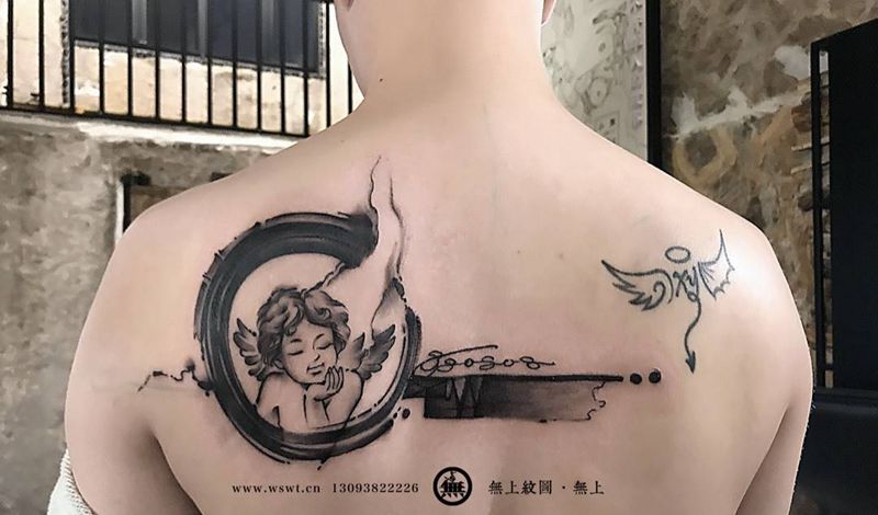 水墨天使纹身图片_成品肩部欧美清新宗教原创无上纹图水墨纹身图案