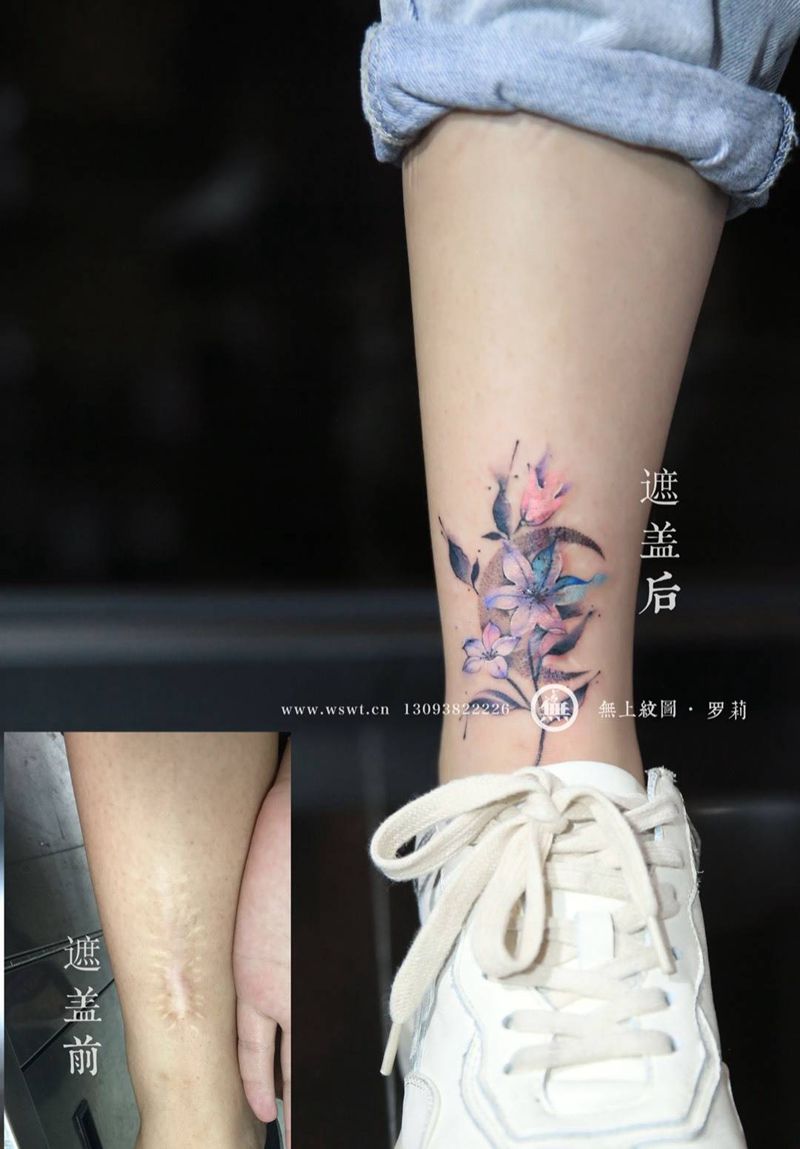 遮盖疤痕纹身图片_成品脚部清新欧美植物原创无上纹图培训遮盖纹身图案