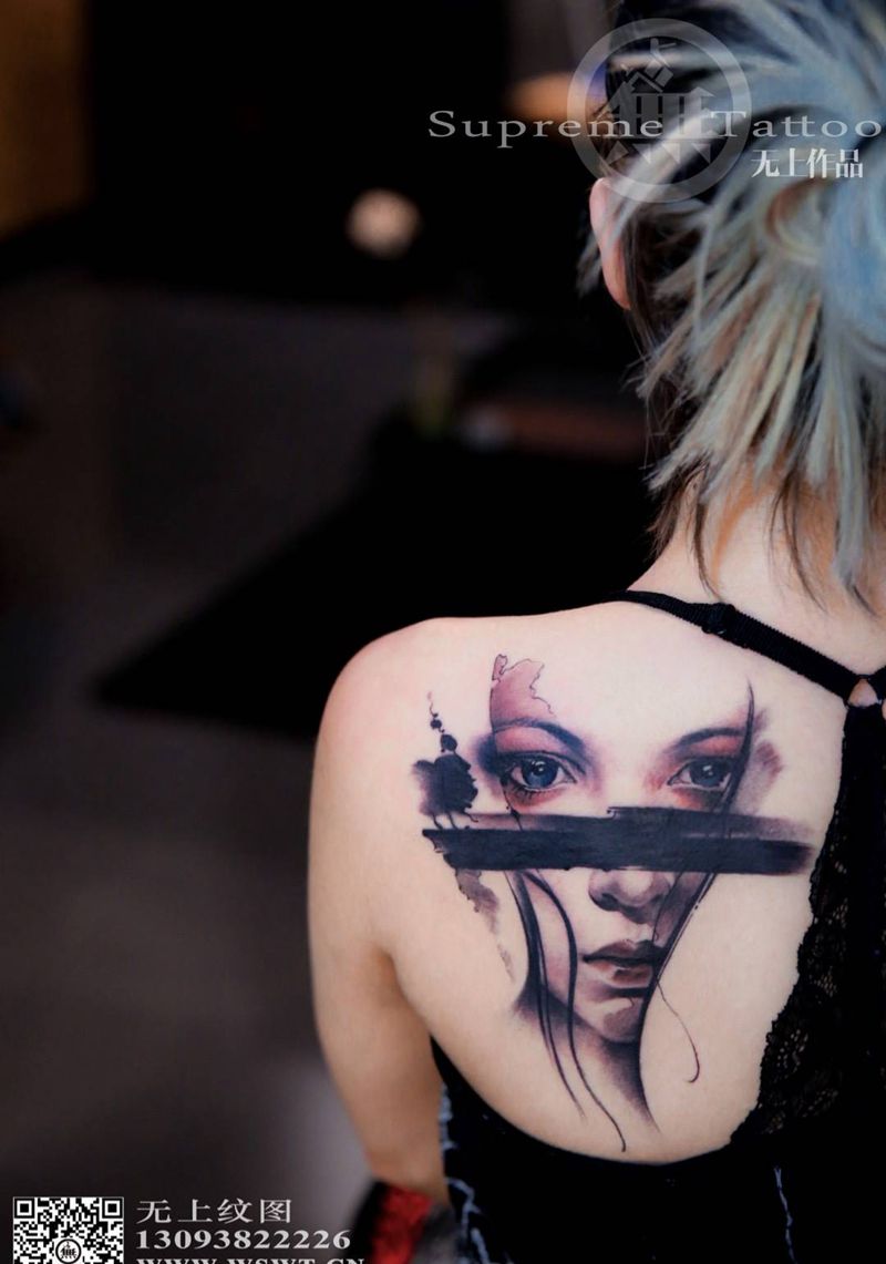 遮盖作品纹身图片_成品肩部肖像欧美清新人物无上纹图生活纹身图案