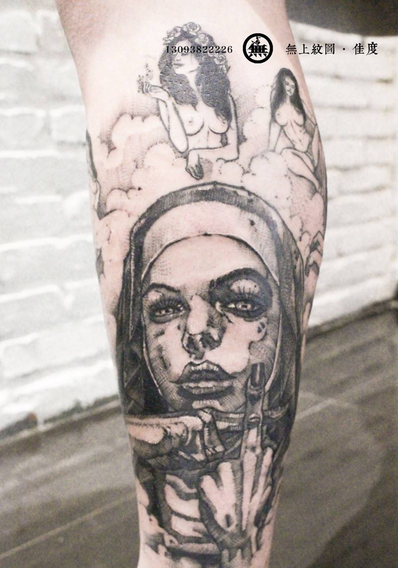 包小腿纹身纹身图片_成品欧美腿部清新人物宗教无上纹图招生纹身图案