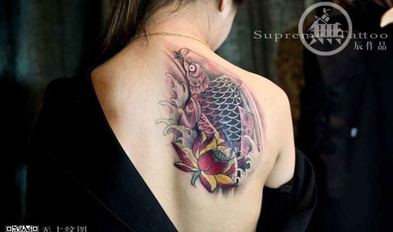 遮盖美人鱼纹身图片_成品肩部传统清新静物动物插画纹身图案