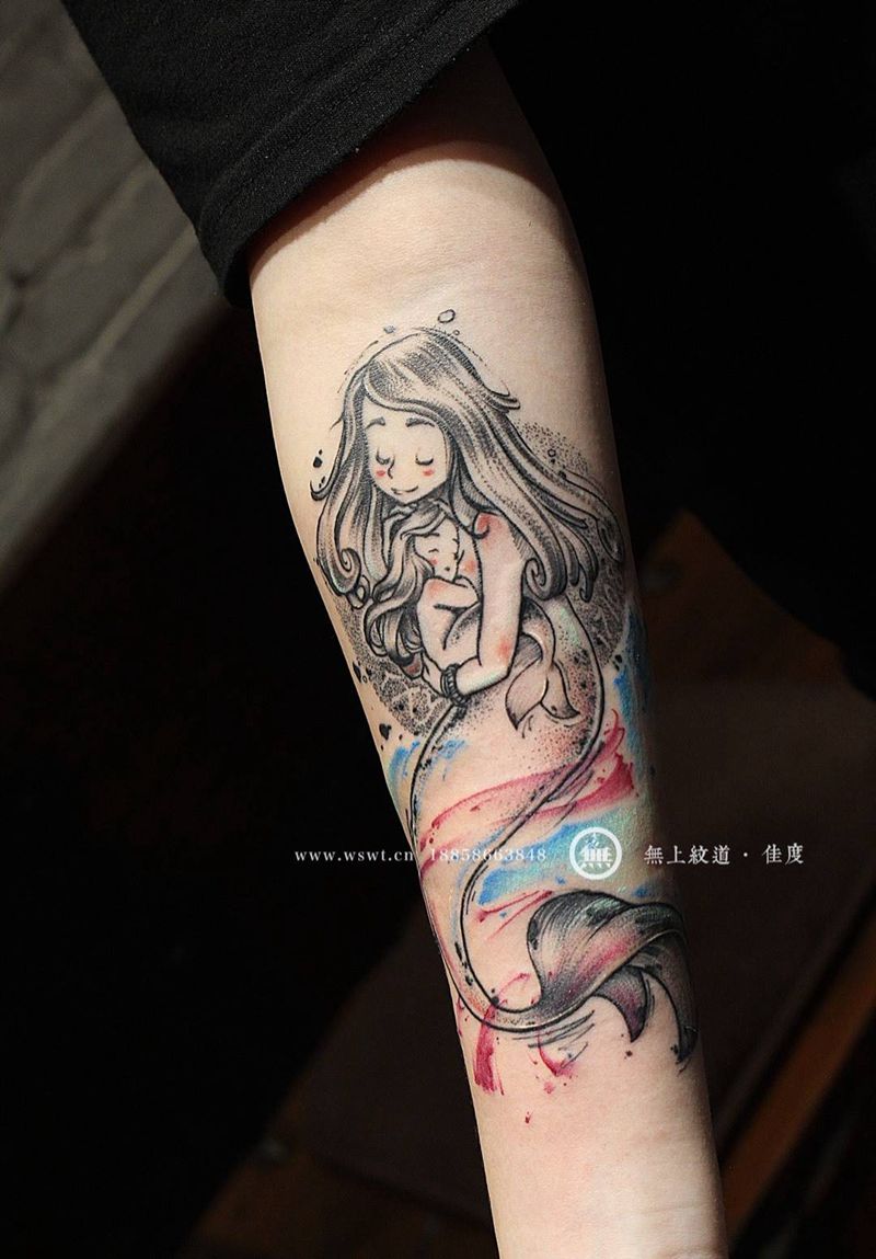 美人鱼色彩添加纹身图片_成品手臂欧美清新动物人物无上纹图纹身图案