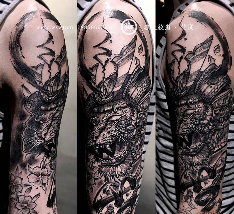 老虎修改纹身图片_成品手臂欧美肖像图腾动物无上纹图培训招生纹身图案