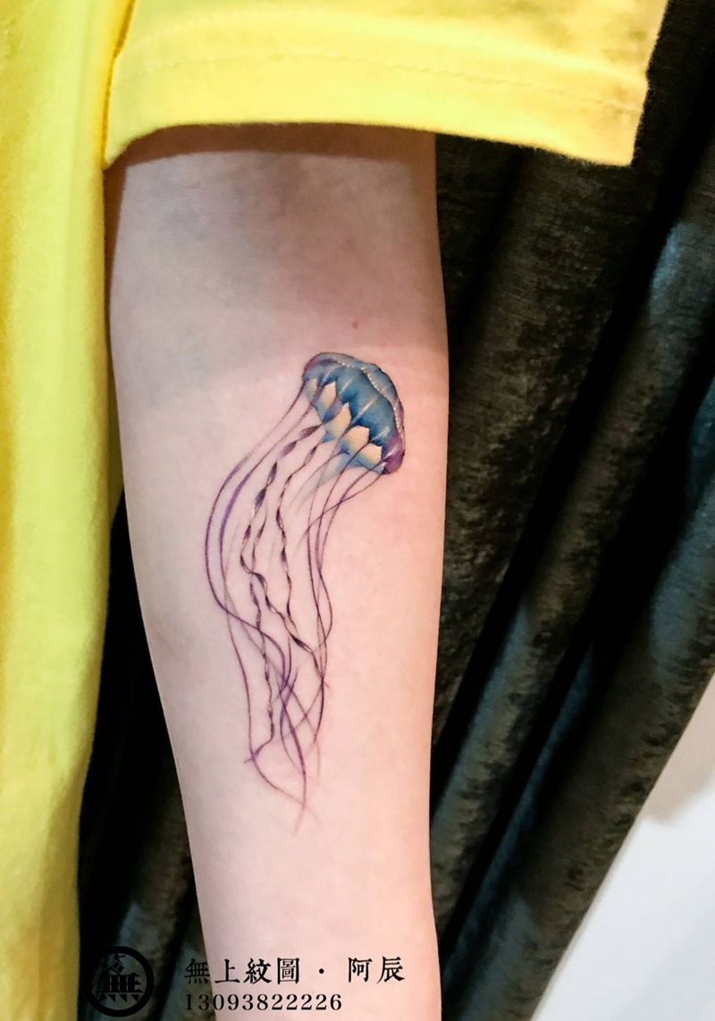 水母纹身图片_成品手臂欧美清新动物图腾无上纹图招生纹身图案