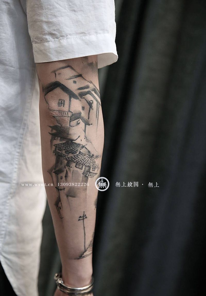 水墨纹身纹身图片_成品手臂传统清新原创静物无上纹图水墨招生纹身图案