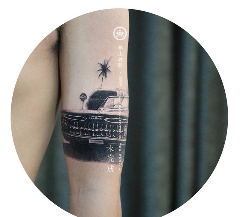 凯迪拉克写实纹身图片_成品手臂欧美清新静物原创图腾无上纹图招生学习纹身图案