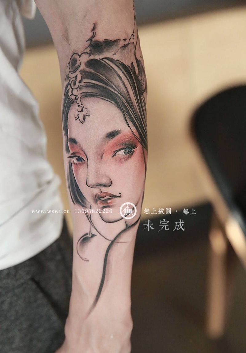 仕女人物纹身图片_成品手臂传统人物清新原创无上纹图水墨招生纹身图案