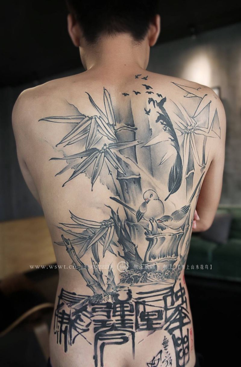 独坐幽篁里 弹琴复长啸纹身图片_成品背部传统清新植物字符原创无上纹图培训招生纹身图案