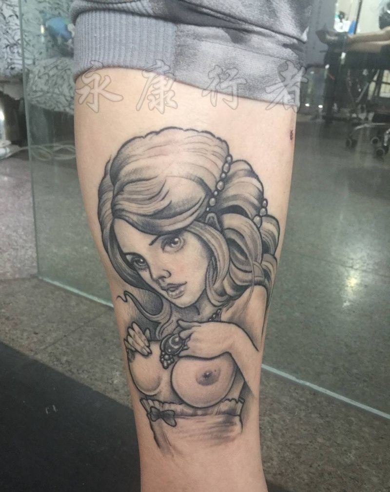 女郎纹身图片_成品腿部欧美人物纹身图案