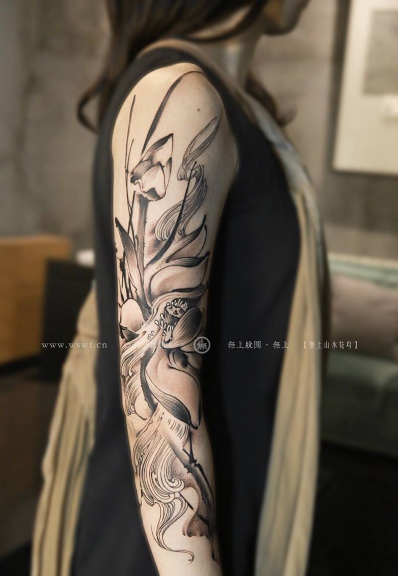 别样红纹身图片_成品手臂传统清新国画原创植物图腾无上纹图手稿纹身图案