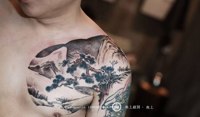 水墨山水画纹身图片_成品胸部传统清新植物原创无上纹图水墨字符纹身图案