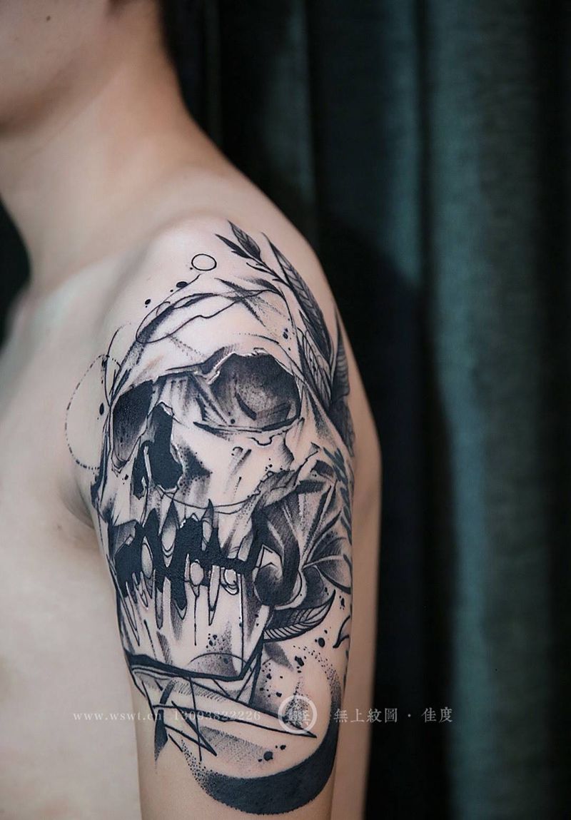 手臂骷髅纹身图片_成品手臂欧美图腾静物无上纹图招生纹身图案