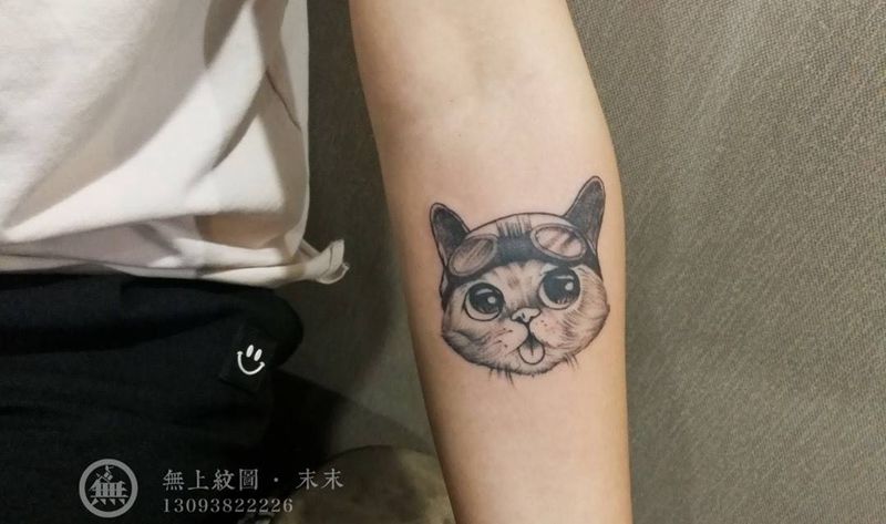 猫咪飞行员纹身图片_成品手臂欧美清新肖像动物无上纹图招生图腾纹身图案