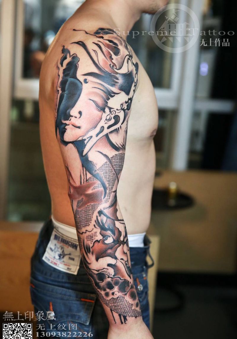 儒纹身图片_成品手臂传统清新国画原创字符人物宗教纹身图案