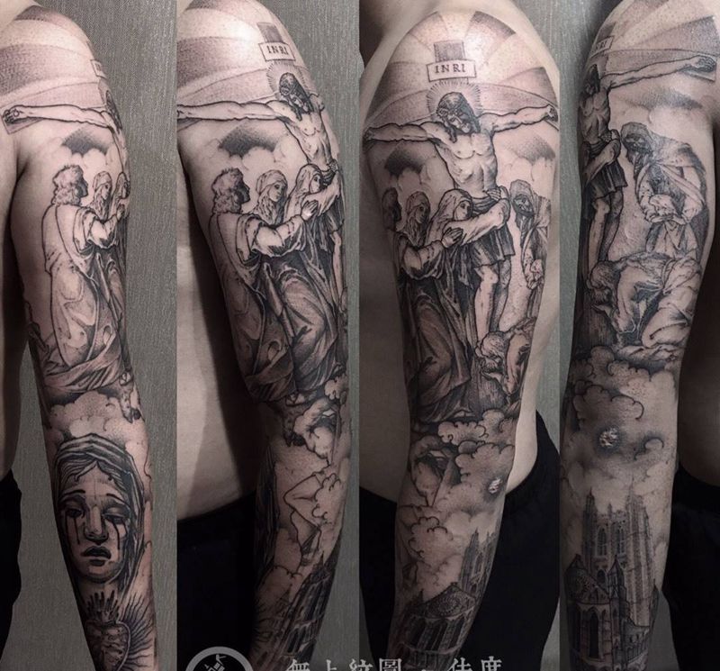 耶稣花臂纹身图片_成品手臂欧美肖像人物宗教原创无上纹图招生纹身图案