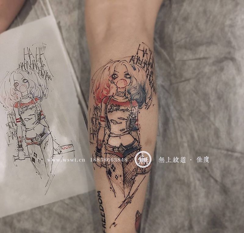 小丑女纹身纹身图片_成品腿部欧美肖像清新原创人物无上纹图招生纹身图案