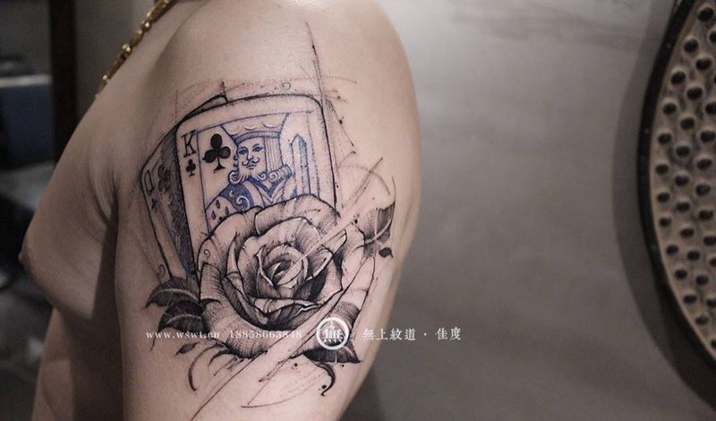 扑克玫瑰纹身纹身图片_成品手臂欧美清新图腾植物原创无上纹图纹身图案