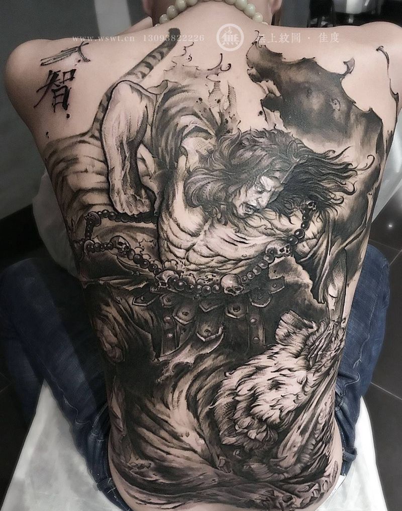 武松打虎纹身图片_成品背部传统人物原创动物无上纹图招生纹身图案