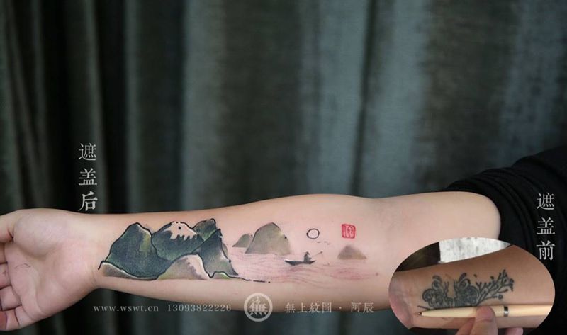 水墨山水遮盖纹身图片_成品手臂传统清新原创静物无上纹图招生纹身图案