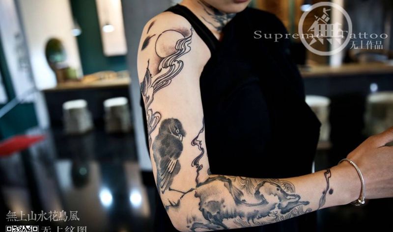 未完成纹身图片_成品手臂传统清新国画静物植物动物原创纹身图案