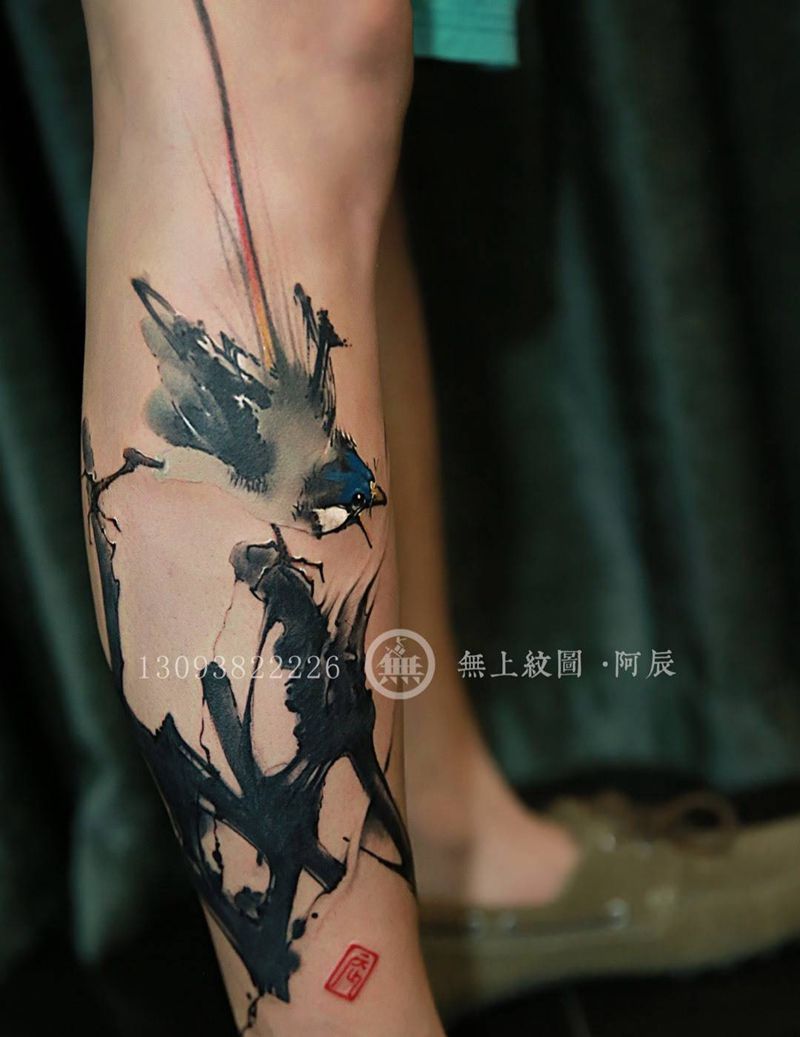 花鸟遮盖旧纹身纹身图片_成品腿部清新国画植物动物原创图腾无上纹图招生纹身图案