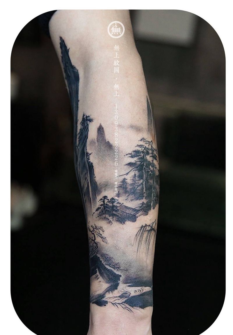 山水写意纹身图片_成品手臂传统国画静物原创水墨纹身图案