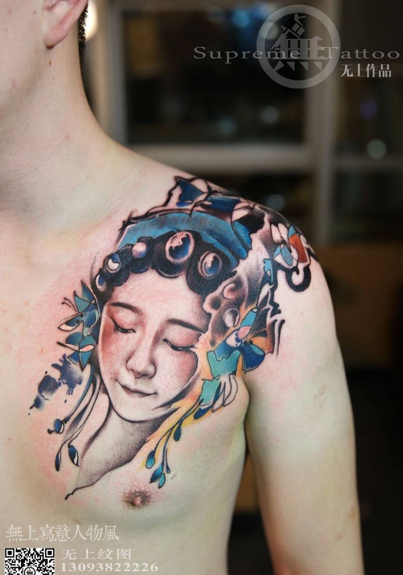 心尖儿上的花旦纹身图片_成品胸部传统肖像清新人物原创纹身图案