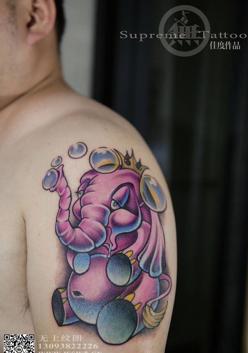 吐泡泡的大象纹身图片_成品手臂欧美清新动物图腾无上纹图生活纹身图案