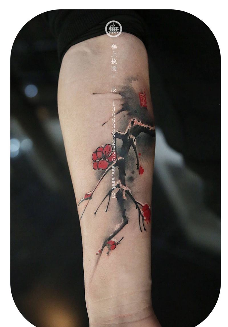 水墨梅花纹身图片_成品手臂传统习俗国画植物原创水墨花纹身图案