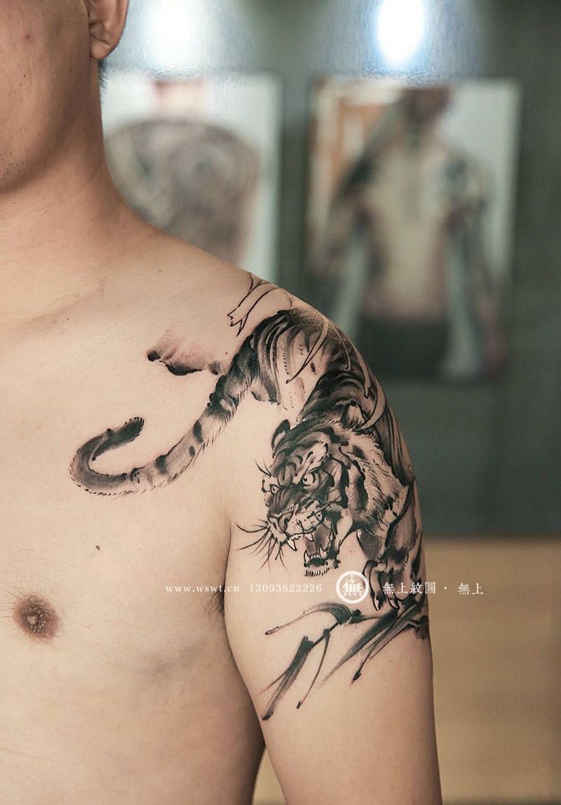 水墨虎纹身图片_成品手臂传统清新原创动物水墨纹身图案