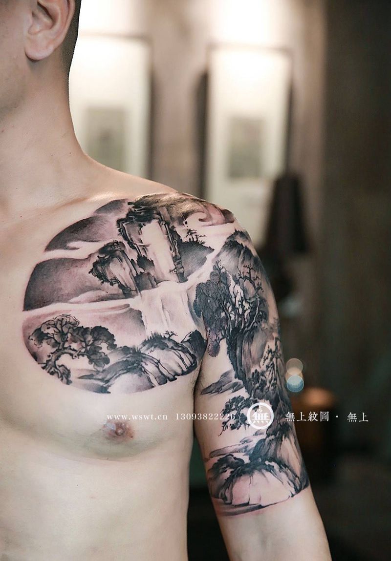 水墨山水画纹身图片_成品胸部手臂国画传统清新原创植物无上纹图水墨纹身图案