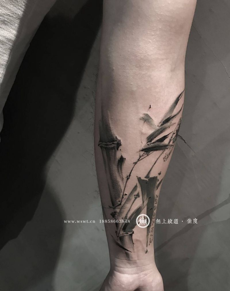 水墨竹纹身图片_成品手臂传统习俗植物原创无上纹图培训书法纹身图案