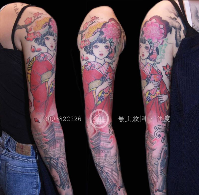 艺妓花臂纹身图片_成品手臂传统人物图腾无上纹图招生手稿静物纹身图案