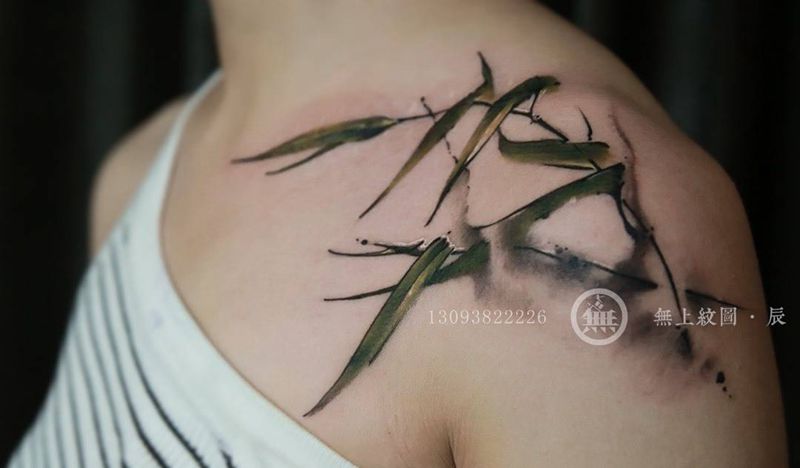 水墨竹纹身图片_成品肩部清新国画植物图腾原创无上纹图培训手稿纹身图案