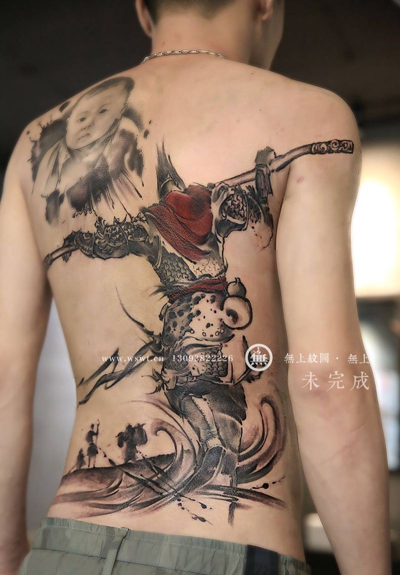 大圣孙悟空纹身图片_背部肖像清新人物宗教无上纹图水墨纹身图案
