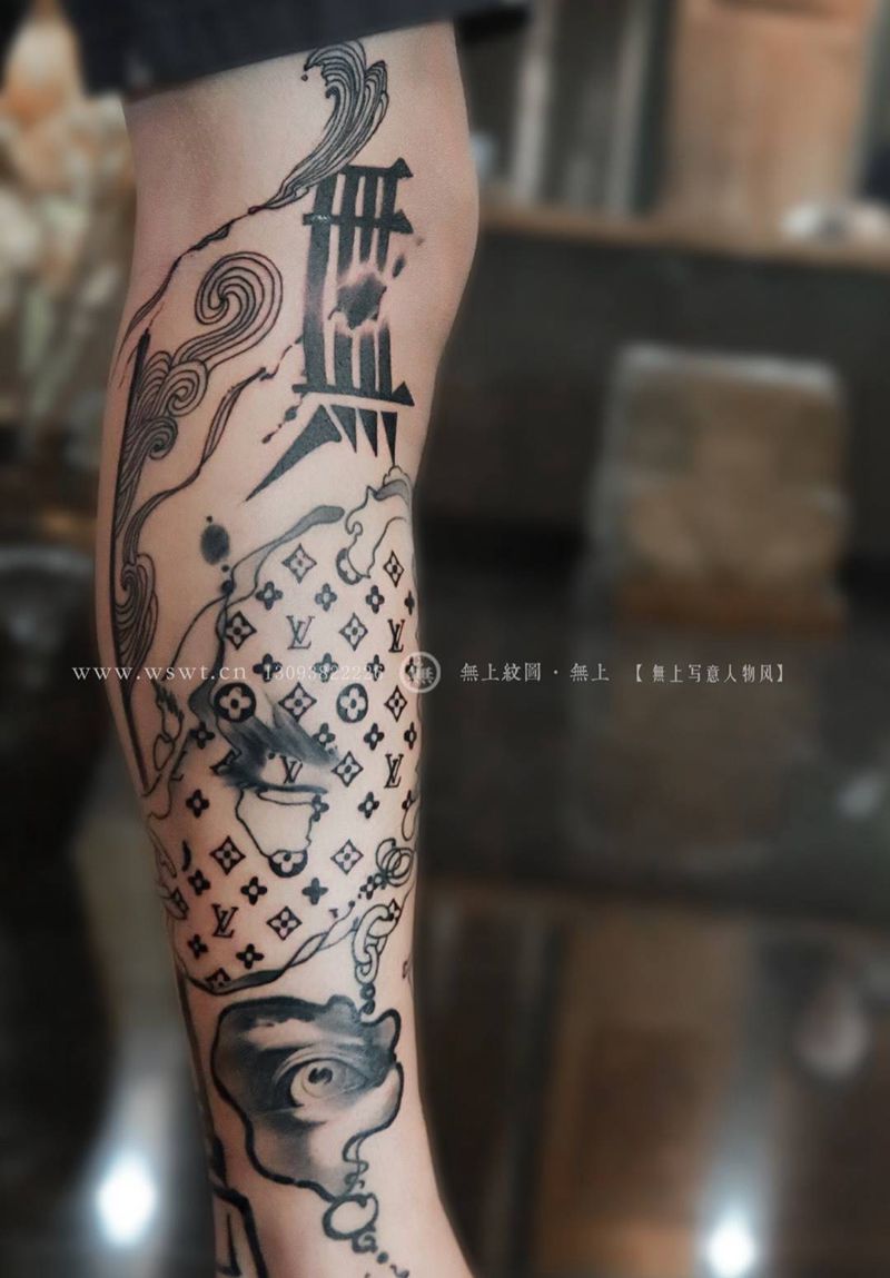 LV包小腿纹身图片_成品腿部清新几何字符原创无上纹图招生手稿图腾纹身图案