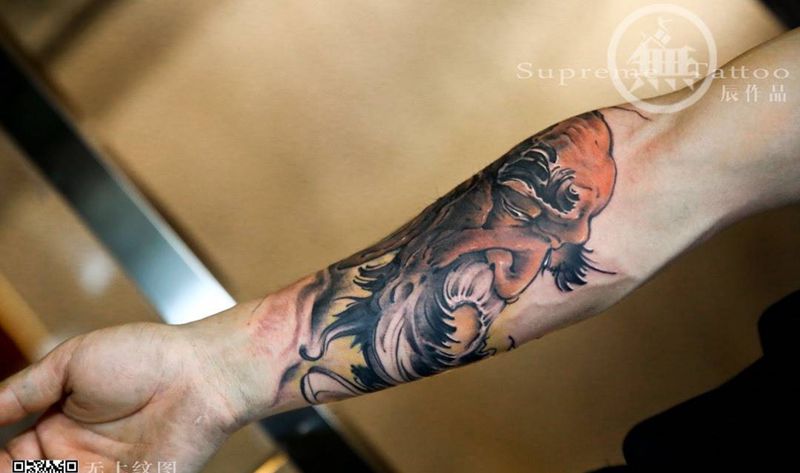 包小臂《老者》纹身图片_成品手臂传统肖像清新人物纹身图案