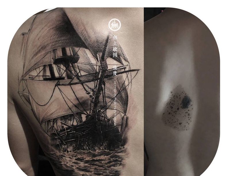 帆船⛵纹身图片_成品背部遮盖静物原创欧美无上纹图培训学习纹身图案