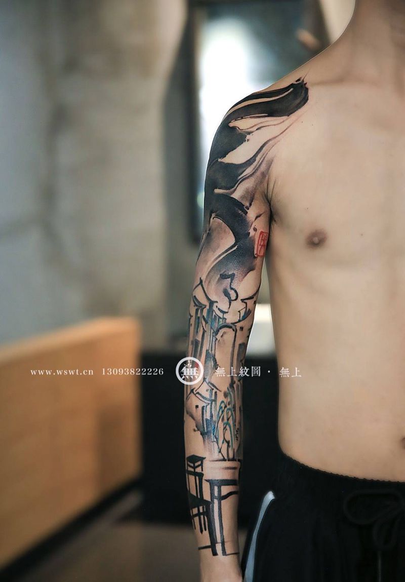 水墨花臂纹身图片_成品手部手臂传统字符静物原创无上纹图水墨纹身图案